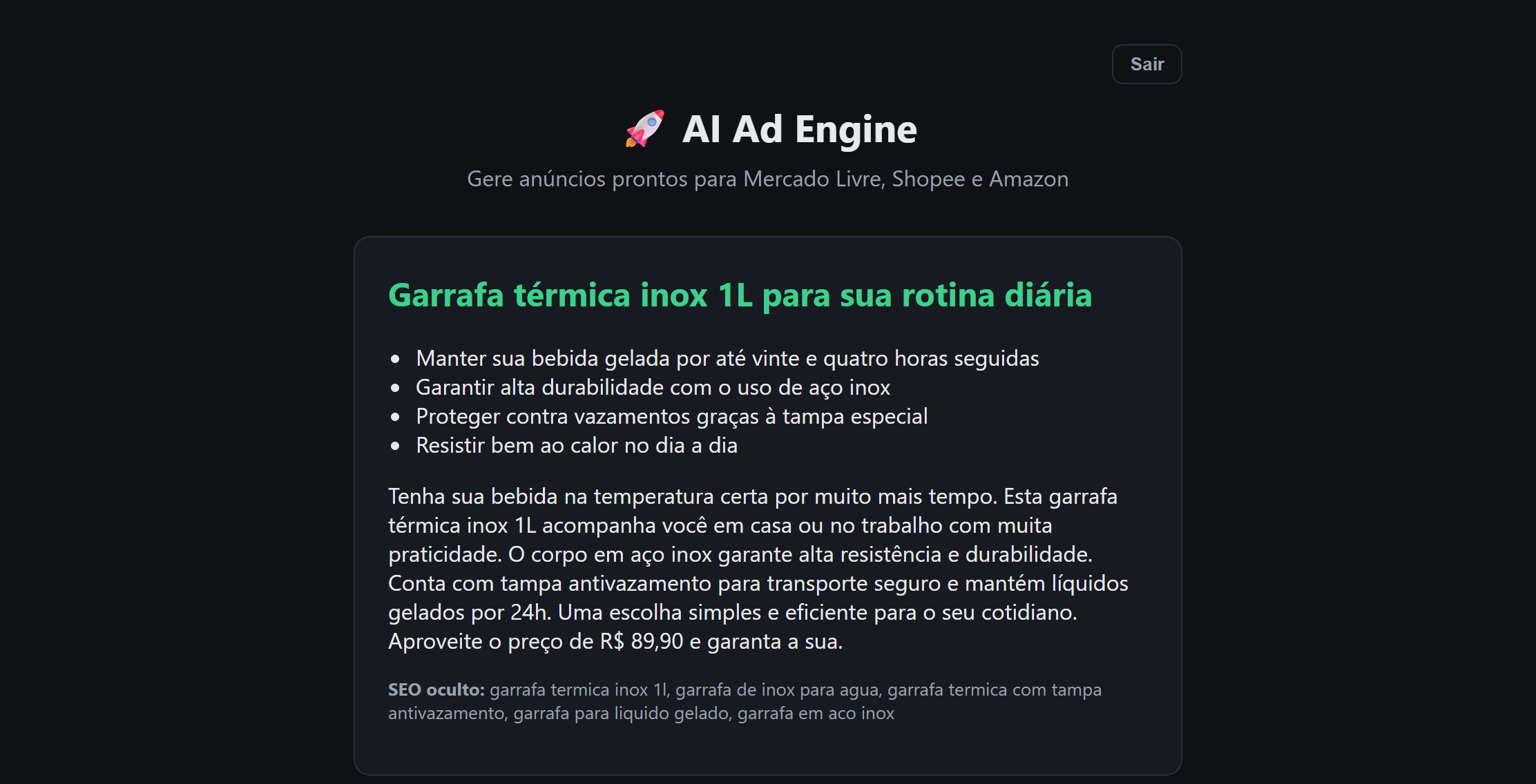 Anúncio gerado pelo AI Ad Engine para uma garrafa térmica inox de 1 litro no Mercado Livre, com título, bullets, descrição e SEO oculto