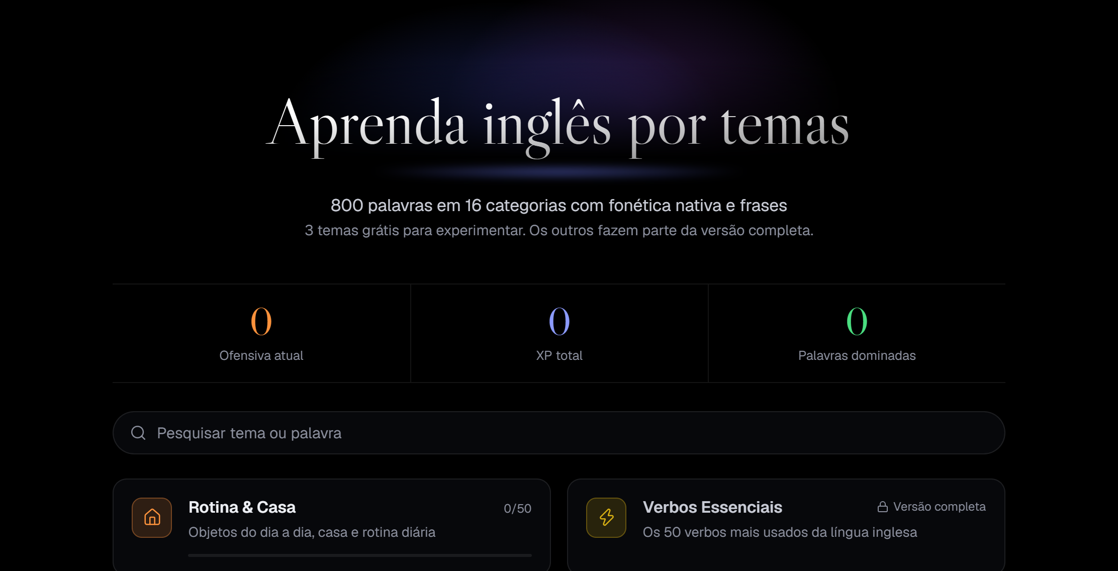 Tela inicial do Learn English, com o título Aprenda inglês por temas, contadores de ofensiva, XP e palavras e os primeiros temas de estudo