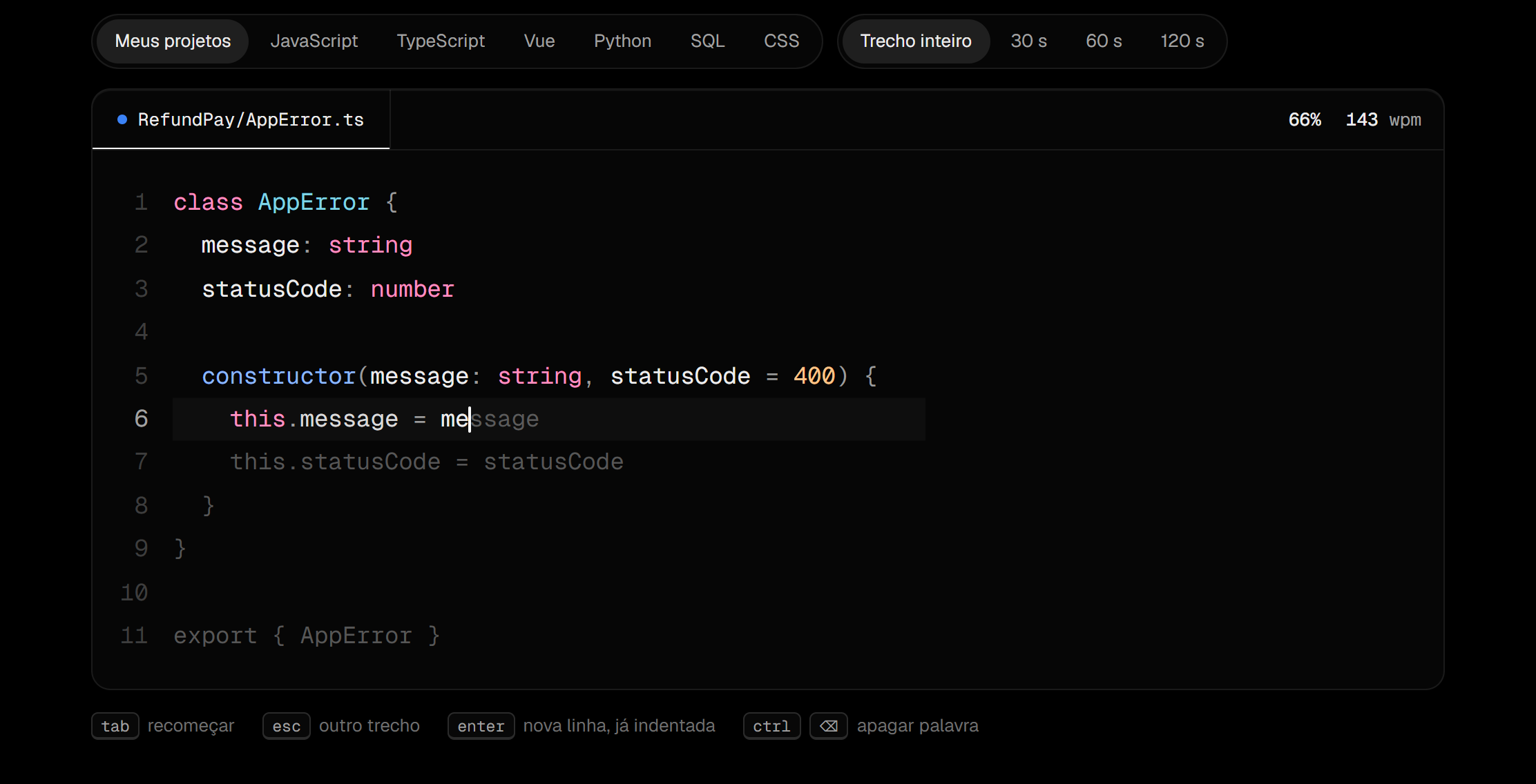 Editor do codetype com a classe AppError do RefundPay digitada até a metade: o que já foi digitado aparece colorido e o resto em cinza